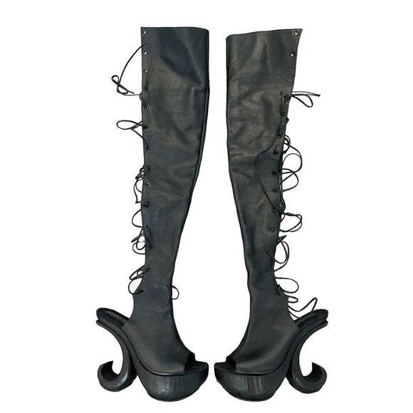 Karo's Shoes Womens Creative Thigh High Knee Boots Platform Open Toe Black 7 - Picture 3 of 12